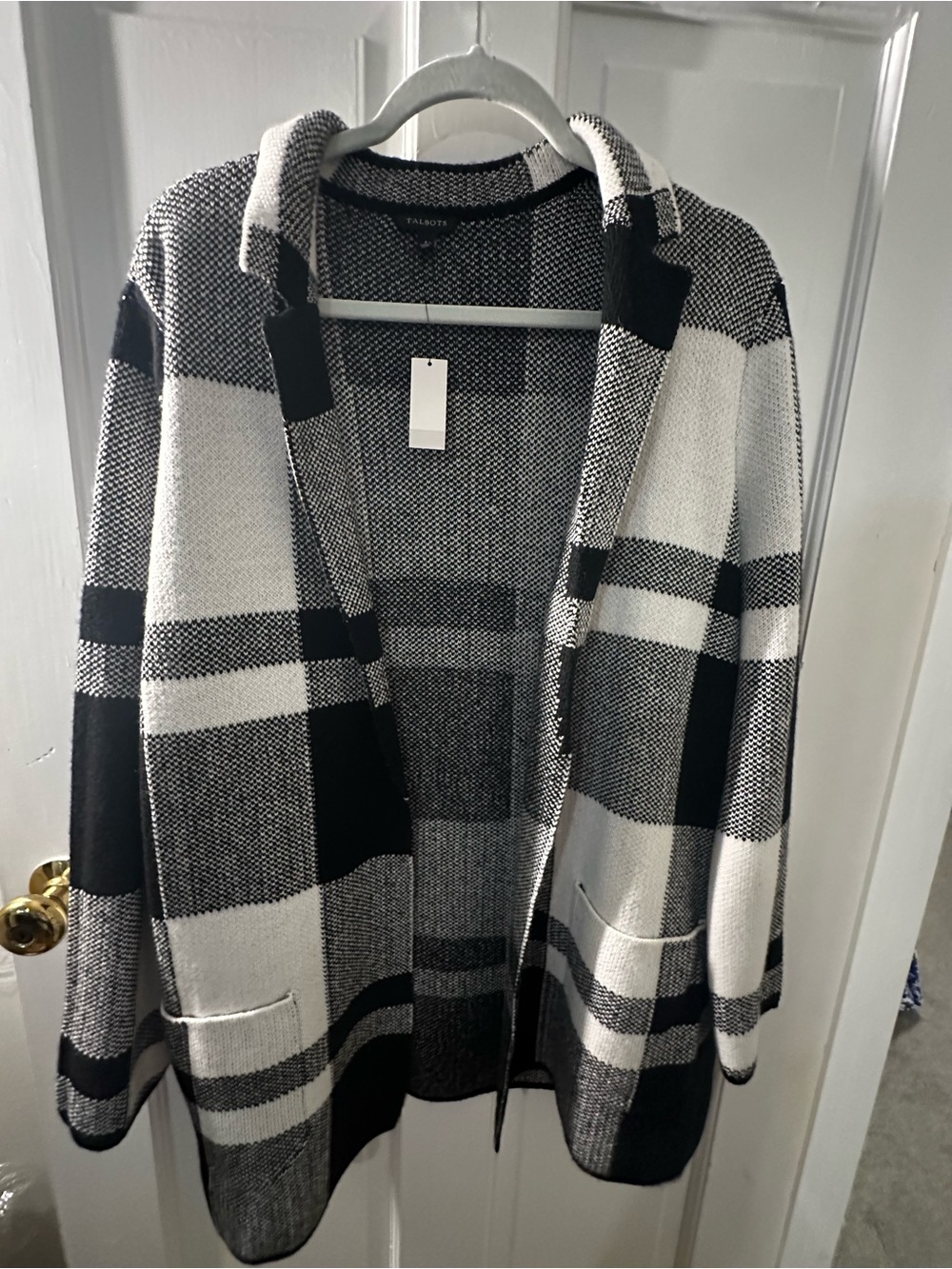 Talbots Black and White Plaid Open-Front Cardigan